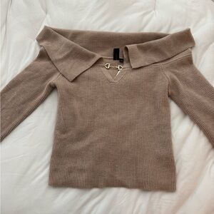 Elegant Tan Off-Shoulder Sweater